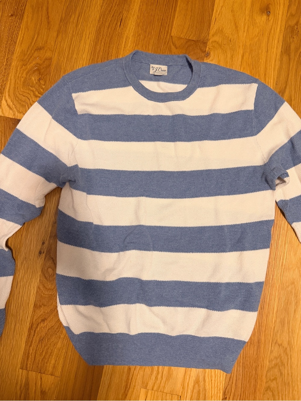 J. Crew Men's Sky Blue and White Striped Crewneck Sweater